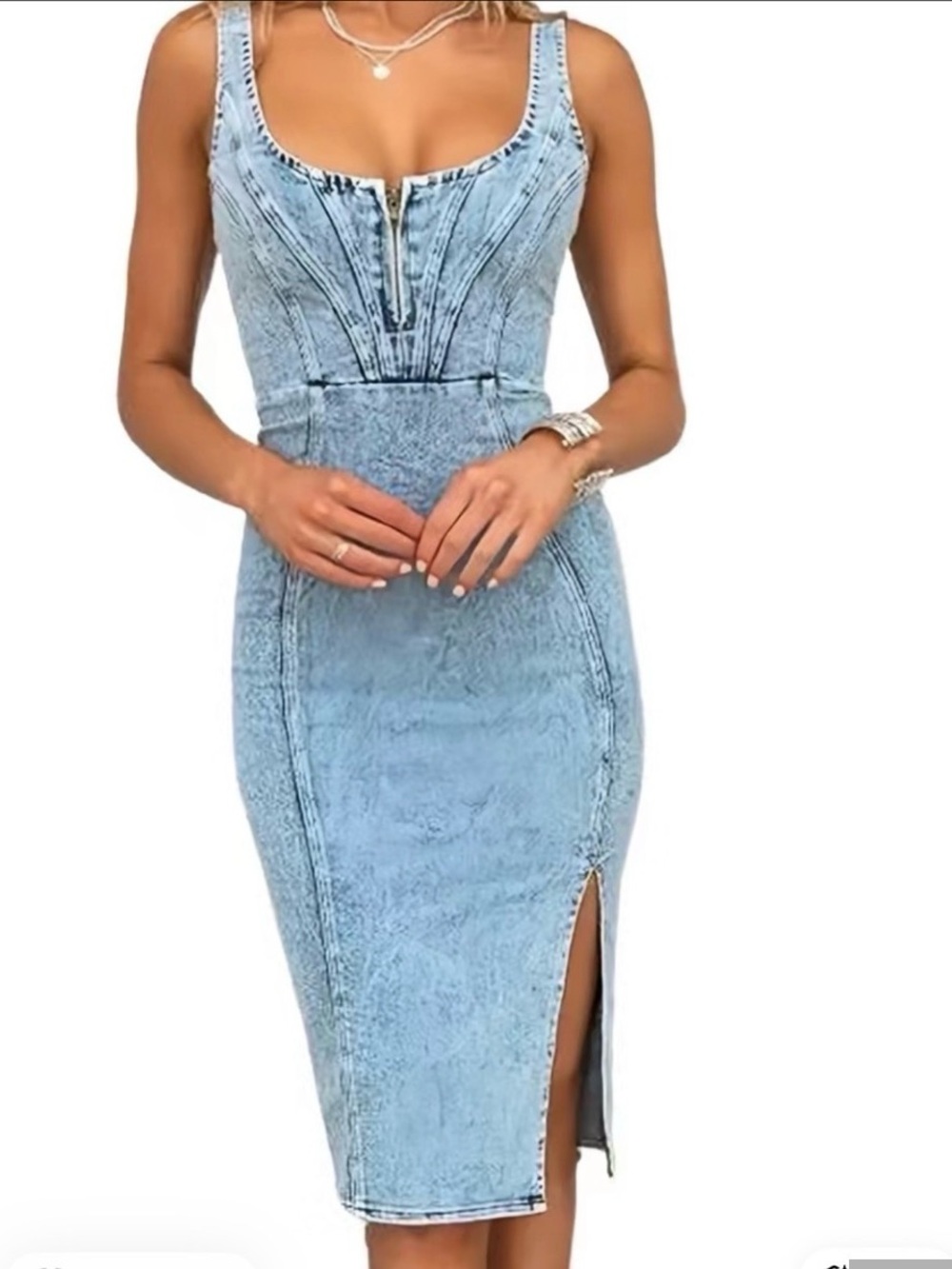 Light Blue Denim-Style Midi Dress with Front Zip and Side Slit